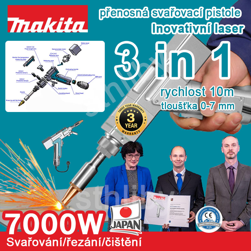 7000W【3 v 1 】： Svařování + čištění + řezání (rychlost 10 m/min, tloušťka 0-7 mm) 